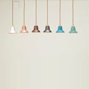 銅のペンダントライト pendant light_spot〔6色〕―白銀・赤茶・焦茶・黒・青・緑青の6灯が横一列に吊り下がり、真鍮のソケットとよじれコードが見える